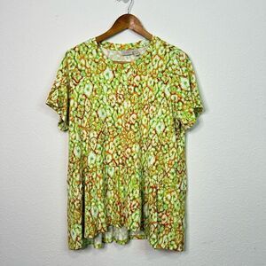 LOGO By Lori Goldstein Green Floral Tiered Rayon Peplum Blouse Women’s Large